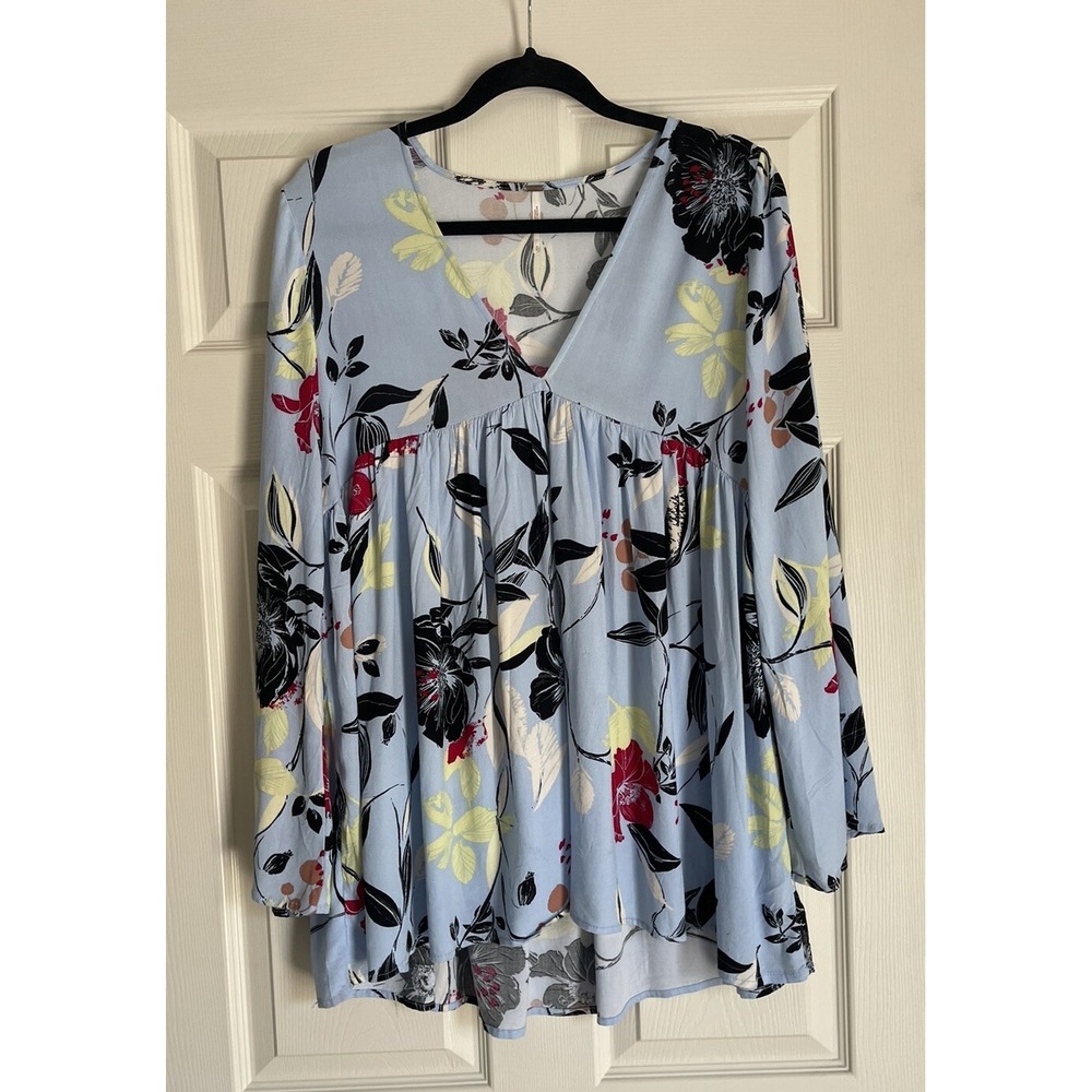 Free People Bella Floral Print Tunic Mini Dress Sky Blue Small Bell Sleeves